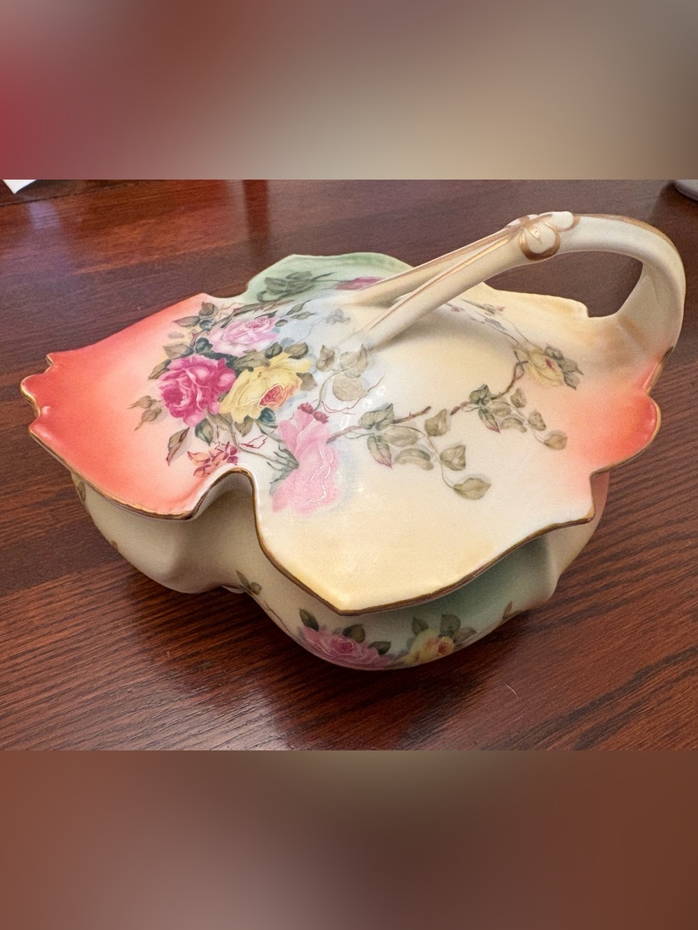 Hand-Painted Porcelain Leaf Shaped Dish with Lid